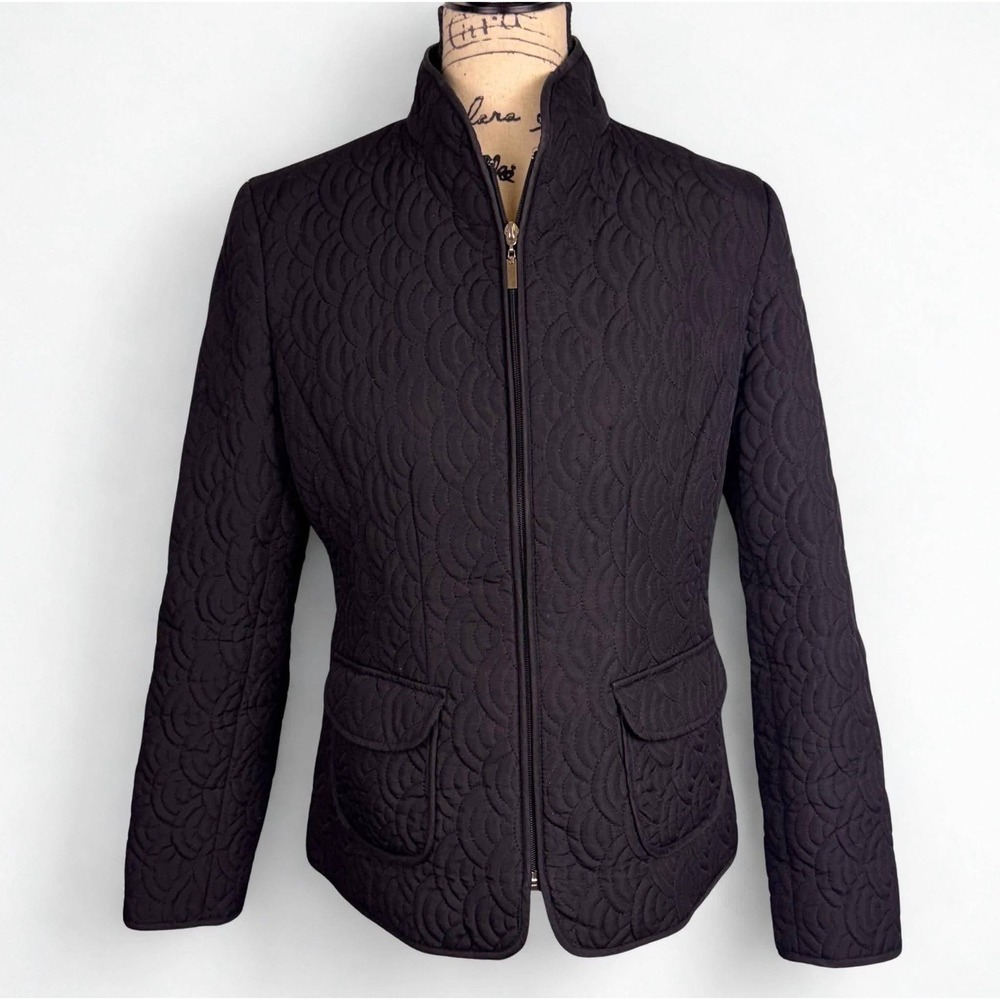 Gallery Womens Quilted Jacket Black Scallop Wave Full Zip Mock Neck Medium